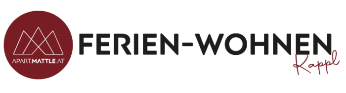 Logo for Ferien-Wohnen Kappl. Features APARTMATTELEAT in a red circle with stylized mountain peaks above. The text FERIEN-WOHNEN Kappl is in black and red beside the circle, incorporating the Apart Mattle essence seamlessly.