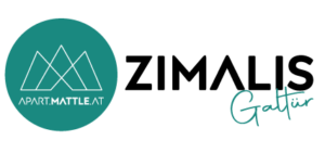 Logo featuring a circular teal design with geometric mountain shapes and the text APART.MATTE.AT. To the right, black text reads ZIMALIS with Galtür in teal script below, reflecting the unique allure of Apart Matte.